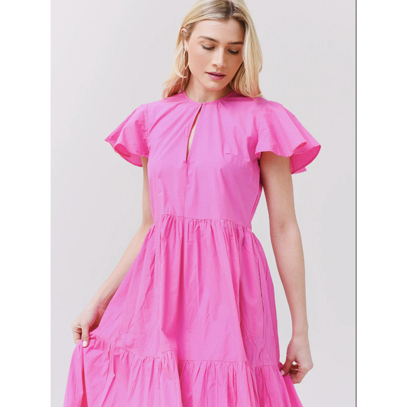 OLIPHANT V-Neck Pink Tiered Maxi Midi Dress Cotton Poplin Tuckernuck Small - Picture 2 of 5